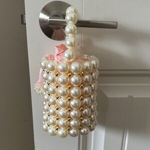 Pearl Cluster Beaded Handbag with Pink Ribbon